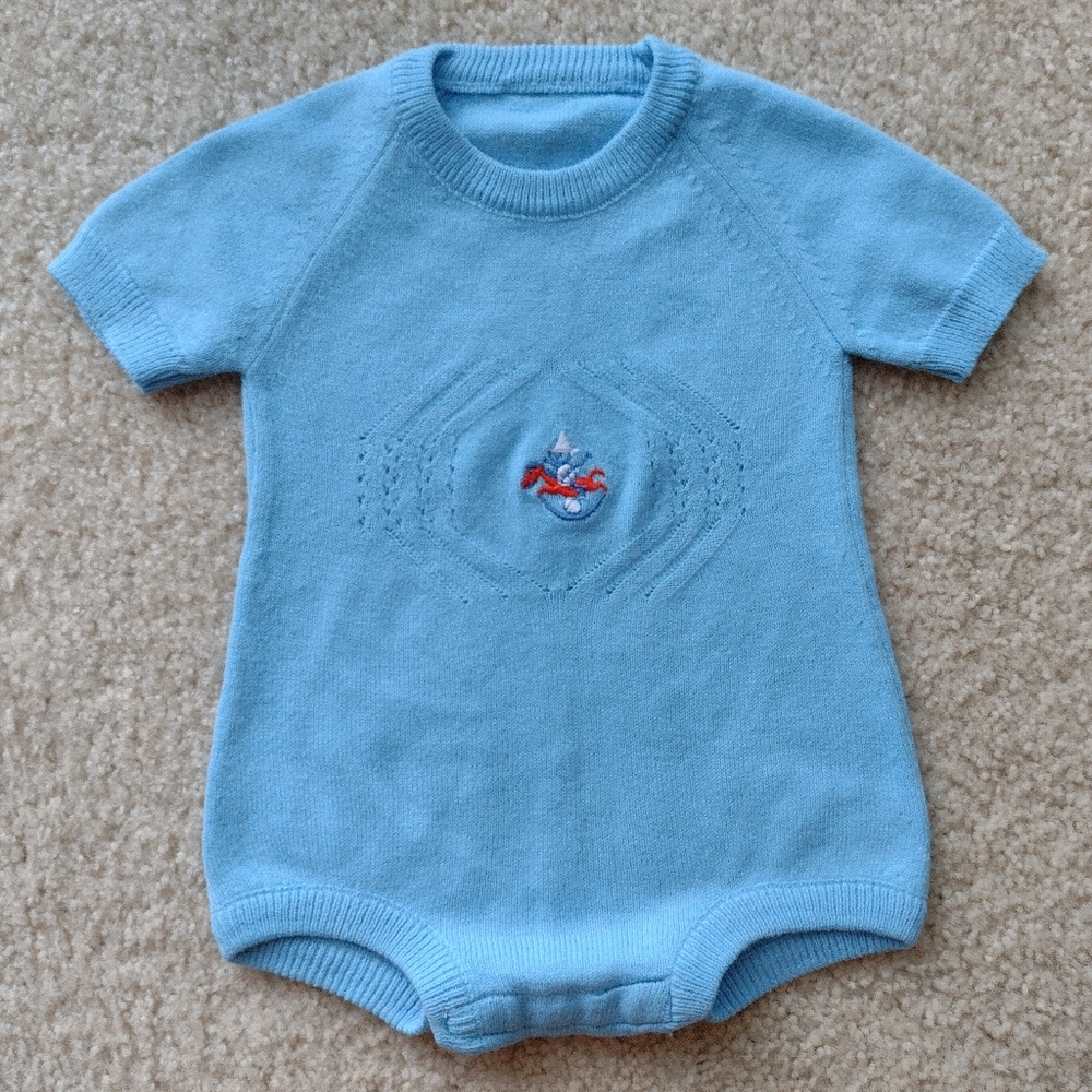 Adorable Unique Vintage 50s 60s Blue Knit Soft Sweater Onesie 3-6 months